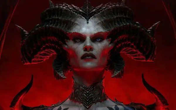 Lilith, z rogami i demonicznym obliczem, zapowiada nowy sezon Diablo 4. Czerwone tło podkreśla jej mroczną aurę.
