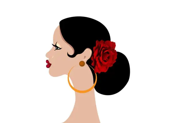 Perfil de mujer con moño flamenco, rosa roja y pendientes grandes.