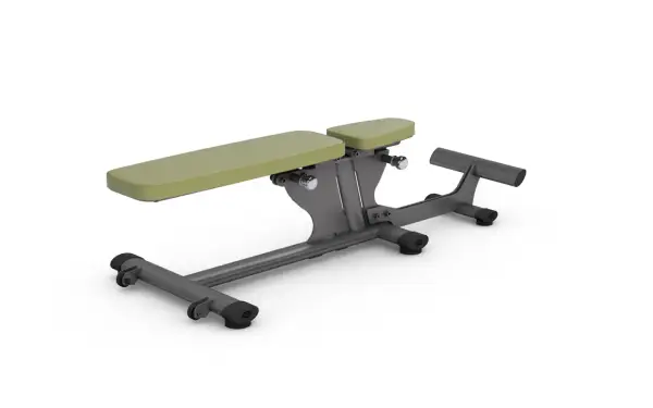 Verstellbare, universelle Hantelbank in Grau mit hellgrünen Polstern, bereit für dein nächstes Workout.