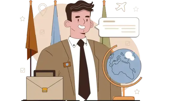 Un uomo sorridente con una valigetta e un globo, che mostra chi è un diplomatico.