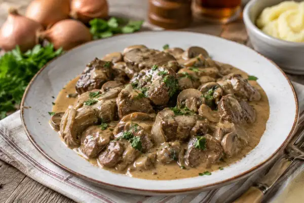 Délicieux rognon de veau en sauce crémeuse aux champignons, garni de persil frais. Un plat réconfortant.