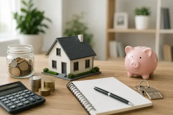 Planifica cómo comprar una casa sin ahorros: casa modelo, alcancía, calculadora, monedas y llaves.