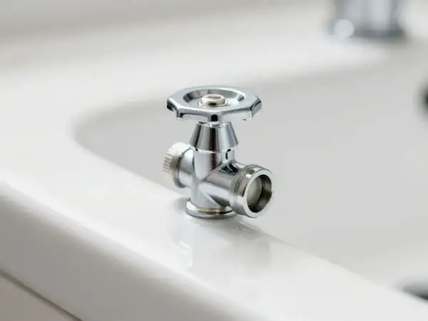 Chromowany zawór kątowy na białej ceramice. Może być przyczyną, że spłuczka nie pobiera wody.