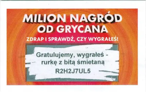 Zdrapka z napisem "Milion nagród od Grycana", gratulacją i kodem.