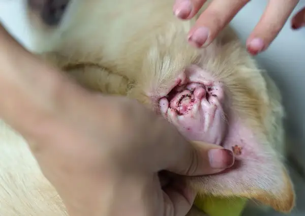 Hund mit entzündetem Ohr, dunklem Sekret und Haarausfall, möglicherweise durch Milben verursacht.