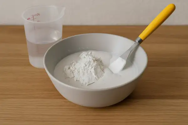 Mieszanie proszku gipsowego z wodą w misce, przygotowanie do tego, jak rozrobić gips ceramiczny. Obok stoi miarka z wodą.