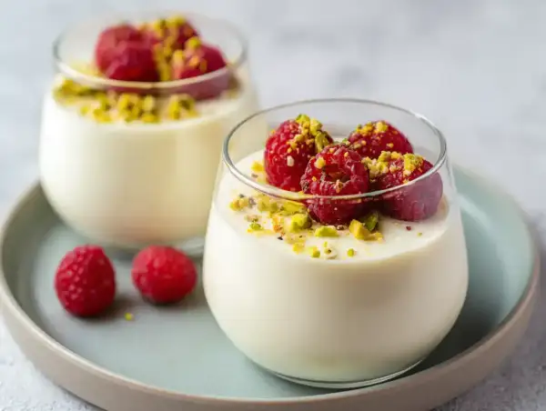 Två glas med len pannacotta vit choklad, toppade med hallon och pistagenötter. En dröm för smaklökarna!