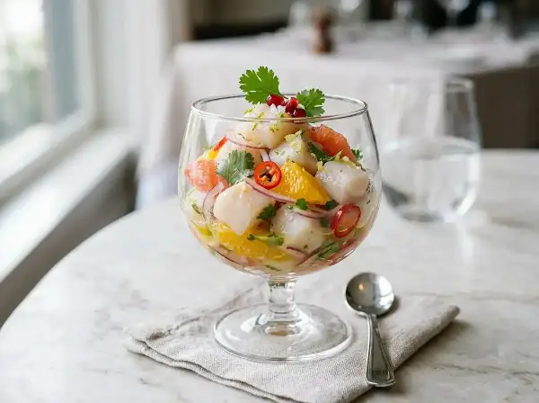 Un délicieux ceviche de Saint-Jacques, plein de saveurs d'agrumes et de piment, prêt à être dégusté. Une recette ceviche parfaite pour l'été.