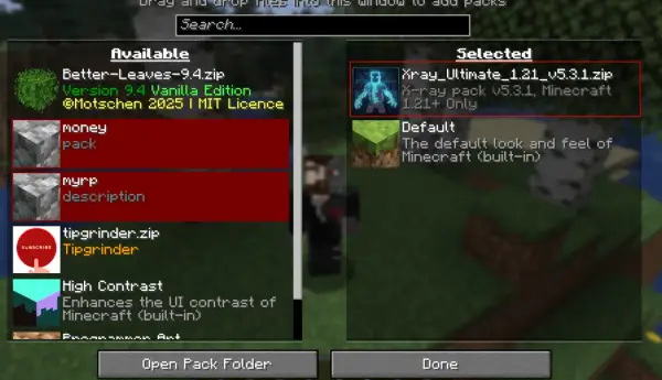 Jak pobrać texture pack do Minecraft: Xray Ultimate wybrany do instalacji. Dostępne inne pakiety.