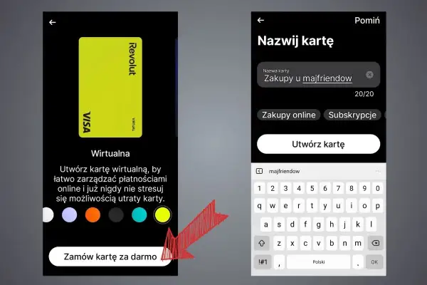 Tworzenie wirtualnej karty Revolut. Zastanawiasz się, ile się czeka na kartę Revolut? Tutaj tworzysz ją wirtualnie, by od razu zarządzać płatnościami.