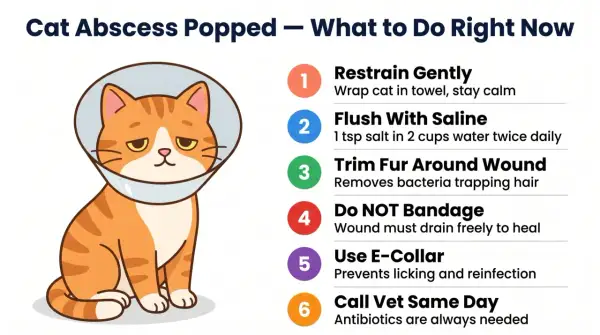 Illustration of an orange cat wearing an e-collar, with steps on how to care for a cat abscess.