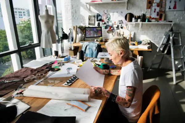 A designer sketches at a table filled with fabric and patterns, a scene that captures the essence of what is an artist residency: a dedicated space for creative exploration and development.