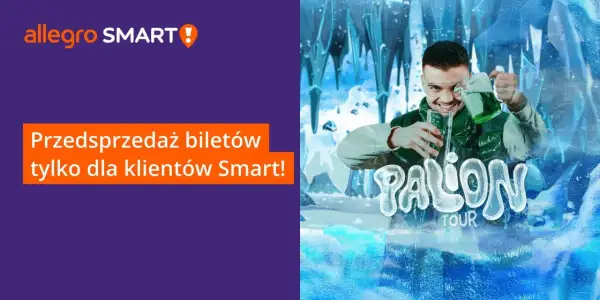 Mężczyzna nalewa zielony płyn do szklanki na tle lodowego krajobrazu i napisu "PALON TOUR".