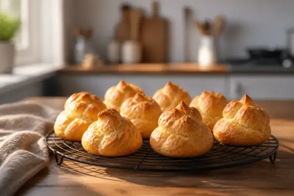 Petits choux dorés sur une grille, prêts à être garnir. Parfait pour une recette pâte à choux réussie.