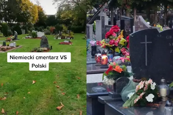 Porównanie: jak wyglądają cmentarze w Niemczech (po lewej, zadbane trawniki) i w Polsce (po prawej, bogato zdobione nagrobki).