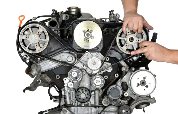 Mechanik sprawdza stan paska rozrządu w silniku samochodu.