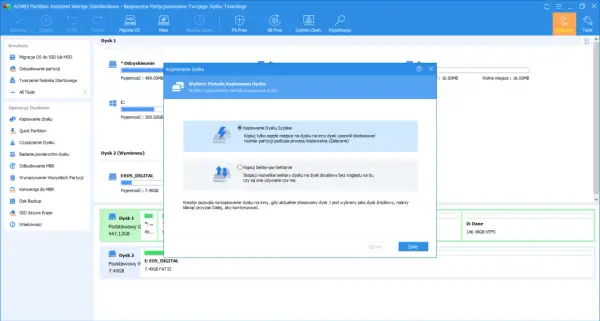 AOMEI Partition Assistant pozwala na kopiowanie dysku. Wybierz metodę: szybkie kopiowanie lub sektor po sektorze.