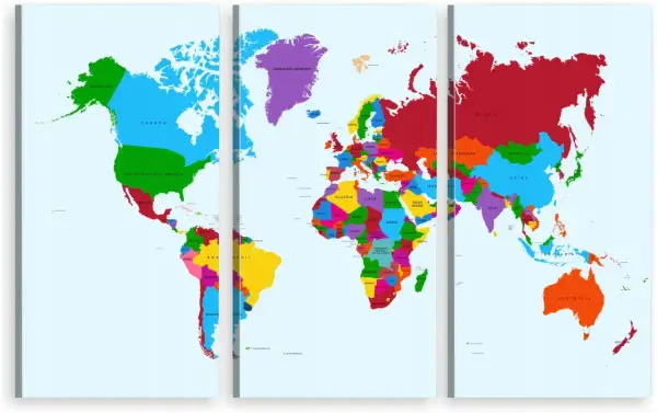 Kolorowy tryptyk mapa świata z zaznaczonymi krajami. Od Ameryki Północnej, przez Europę i Afrykę, po Azję i Australię.
