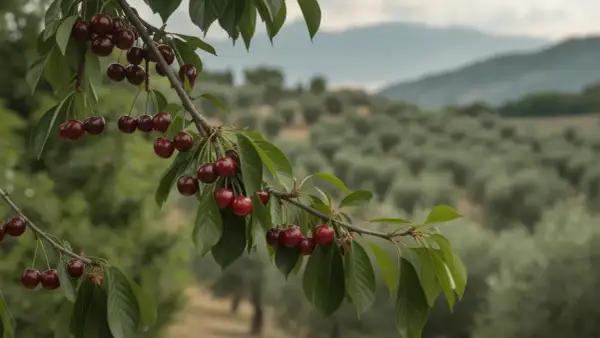 Grappoli di visciole frutto pendono da un ramo, con un uliveto sfocato sullo sfondo.