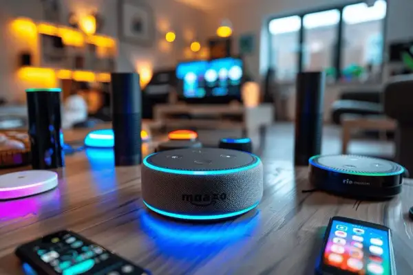 Plusieurs enceintes connectées Amazon Echo, dont un modèle rond avec une lumière bleue, sont sur une table. Un smartphone est posé devant. C'est un test Alexa.