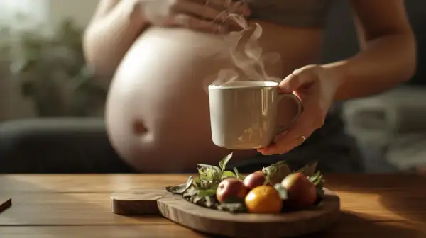 Ciepła herbata w ciąży, parująca z kubka, obok owoców na desce. Chwila spokoju dla przyszłej mamy.