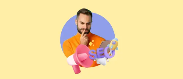 Hombre pensativo con megáfono, cohete y letras "SEO" flotando. Estrategia de seo digital marketing.