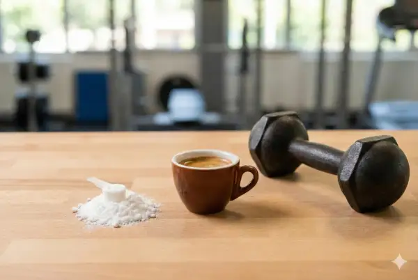 Creatina e caffè: la combinazione perfetta per un allenamento esplosivo. Un manubrio, una tazzina di espresso e una dose di creatina in polvere su un tavolo di legno.