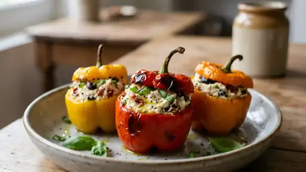 Poivrons farcis de ricotta, tomates séchées et olives, garnis de basilic frais. Un délice coloré et savoureux.