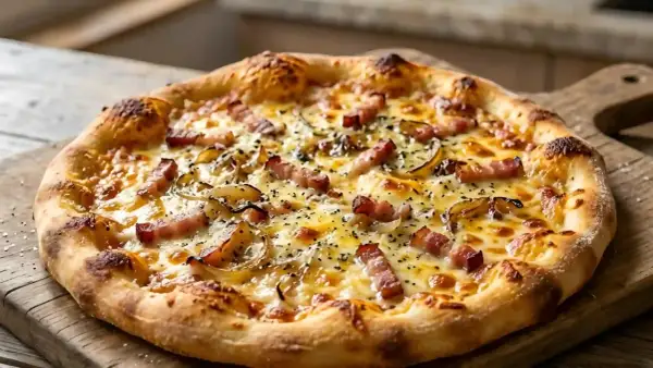 Une délicieuse pizza carbonara, garnie de lardons croustillants, d'oignons caramélisés et de fromage fondant, sur une planche en bois.