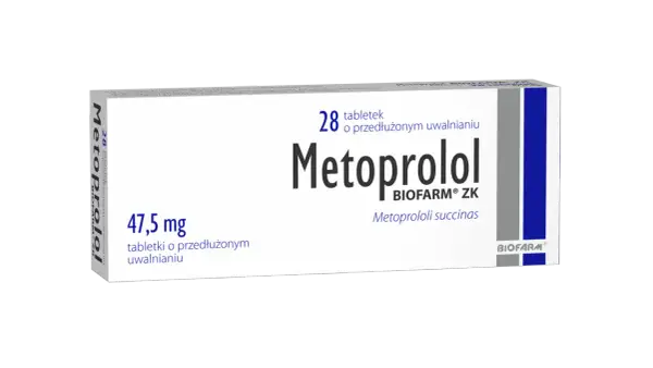 Opakowanie leku Metocard zawierające 28 tabletek o przedłużonym uwalnianiu, dawka 47,5 mg.