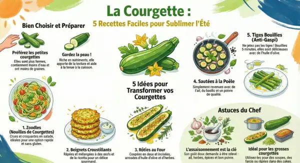 Infographie sur la courgette : 5 idées recette pour la sublimer. Zoodles, beignets, rôties, sautées, tiges bouillies. Astuces pour choisir et préparer.