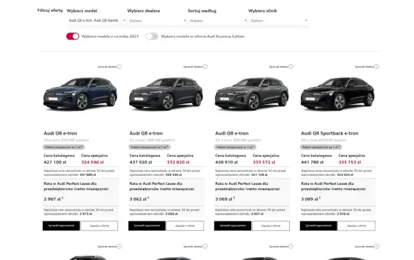 Audi Q8 e-tron i Sportback e-tron w różnych wersjach silnikowych. Sprawdź aktualną audi q8 cena i raty leasingowe.