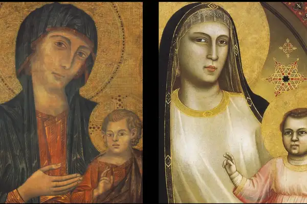 Two Madonnas with child, painted in the style of modern Renaissance art, with gold halos and intricate patterns.