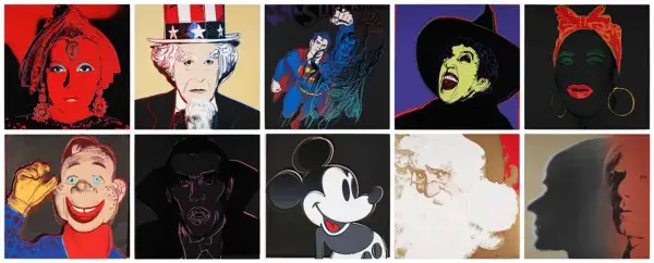 A collage of pop art portraits, including female figures in vibrant colors, reminiscent of works by female pop art artists.