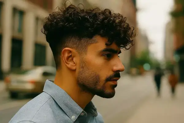 Un homme au regard pensif arbore des cheveux ondulés courts, avec un dégradé soigné sur les côtés.