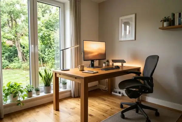 Bureau lumineux avec bureau en bois, plante verte, lampe et écran. L'ensemble respecte la norme éclairage bureau pour un confort visuel optimal.