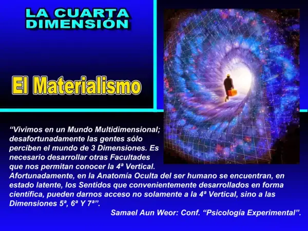 Un hombre con maleta camina hacia un túnel cósmico, explorando la cuarta dimensión y el materialismo.