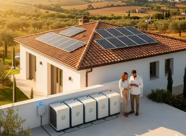 Pareja revisa tablet junto a baterías de autoconsumo en Navarra. Paneles solares y aerogenerador en tejado de casa rural.