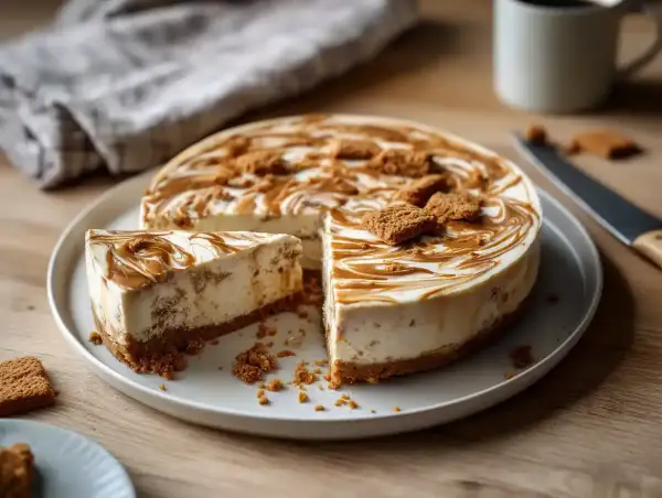 En krämig biscoff cheesecake med en krispig botten, dekorerad med karamellsås och kex. En bit är uppskuren.