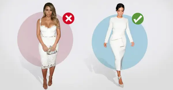 Bimbo girl w koronkowej sukience (złe) vs. elegancka kobieta w białym komplecie (dobre).