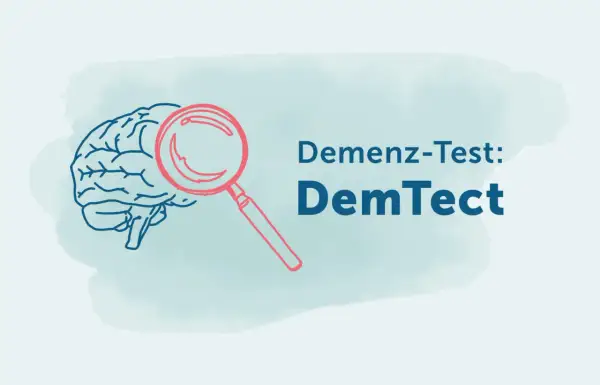 Gehirn mit Lupe, die den DemTect-Test und seine Auswertung symbolisiert.