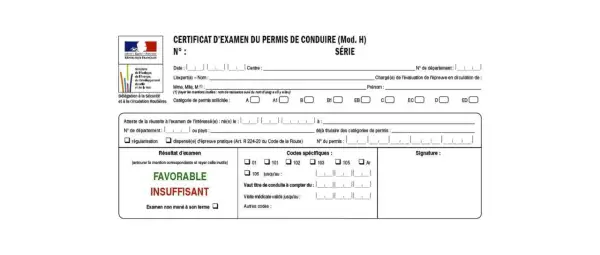 Certificat d'examen du permis de conduire, mention "INSUFFISANT" barrée, indiquant un échec à l'examen, ce qui empêche l'obtention du permis provisoire.