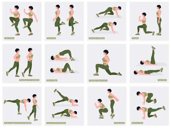 Illustrazione di esercizi per i glutei corpo libero: affondi, ponte glutei, donkey kicks e altri movimenti per tonificare.