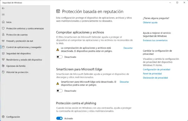 Configuración de Seguridad de Windows: SmartScreen para Microsoft Edge y comprobación de apps desactivadas.