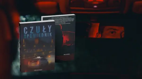 Okładki książek "Czuly Spowiednik" i innej powieści Pawła Rutkowskiego. W lusterku wstecznym odbija się twarz kierowcy.