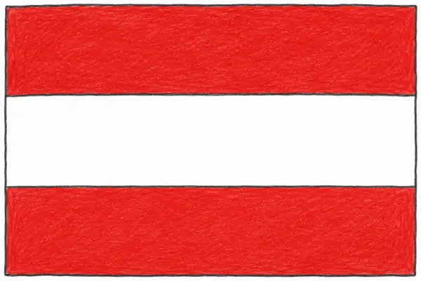 Flaga Austrii: trzy poziome pasy – czerwony, biały, czerwony.