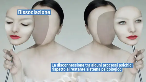 Due volti speculari tengono maschere, evocando la paura di essere posseduto e la dissociazione.