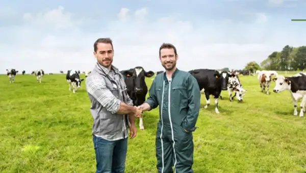 Due uomini si stringono la mano in un prato verde con tanti animali al pascolo.
