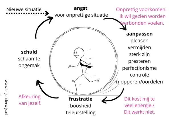 Cirkel van angst en frustratie bij **rejection sensitive dysphoria nederlands**. Een stickfiguur rent in een rad, gevangen door angst, aanpassen, frustratie en schuld.