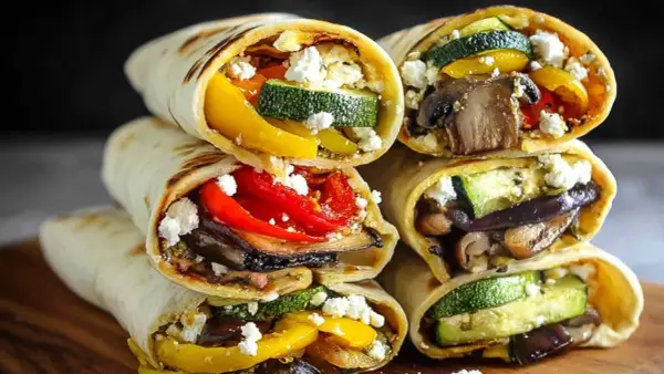 Wrapy z kolorowymi warzywami z airfryera: cukinia, papryka, bakłażan i pieczarki, posypane serem feta. Pyszne i zdrowe!